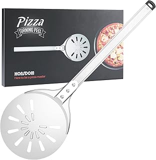 Pizza Turning Peel, 8-inch Pizza Peel Turner Spinner, Long Handle Perforated Aluminum Pizza Peel with Silicone Hook, Pizza...