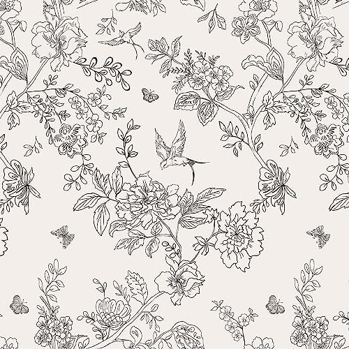 Black and Cream White Floral Wallpaper Peel and Stick Wallpaper 17.7 inch×118.1 inch Floral Contact Paper Removable Self Adhesive Wallpaper Flowers Birds Decorative Wallpaper for Cabinets Walls