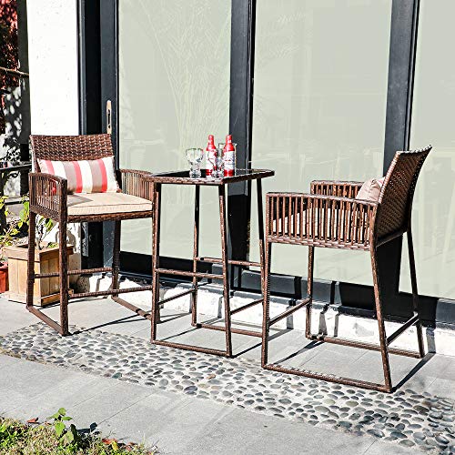 bar height outdoor furniture - SUNSITT 3-Piece Outdoor Wicker Bar Height Table Set, 2 Bar Stools and 1 Pub Table with 2 Striped Pillows, Seat Cushions, Steel Frame