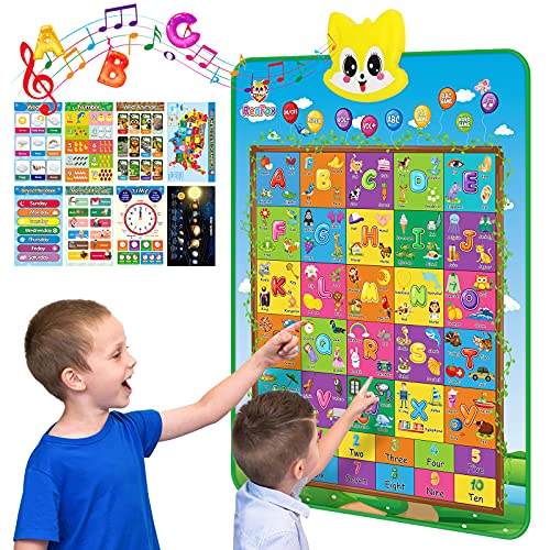 abc chart for toddlers - 102 Words Interactive Alphabet Wall Chart, RenFox Early Learning Toys Electronic Talking ABC, 123, Music Poster with 8 Learning Cards, Great Preschool Educational Gifts for Toddlers Boys Girls 2 3+