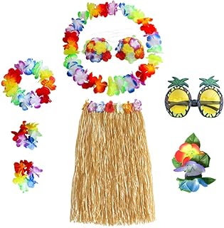 8PCS Hula Skirt Costume Hawaiian Leis Dancer Dress Set with Flower Bikini Top, Hawaiian Lei, Hibiscus Hair Clip, Pineapple...