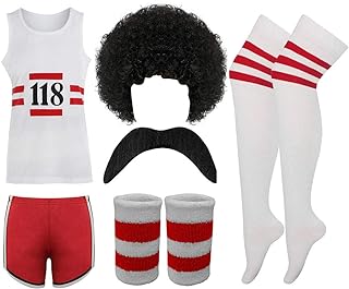 FAIRY BOUTIQUE 118 Fancy Dress Costume Vest + Shorts + Wig + Tash + Socks + Wrist Band Set Marathon Retro Outfit Set