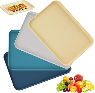 4 Pcs Serving Trays, 24.5 x 17.5 x 1.5cm Food Drinks Trays, Anti-Slip Food Tray Rectangular, Dinner Tray Plastic Serving P...