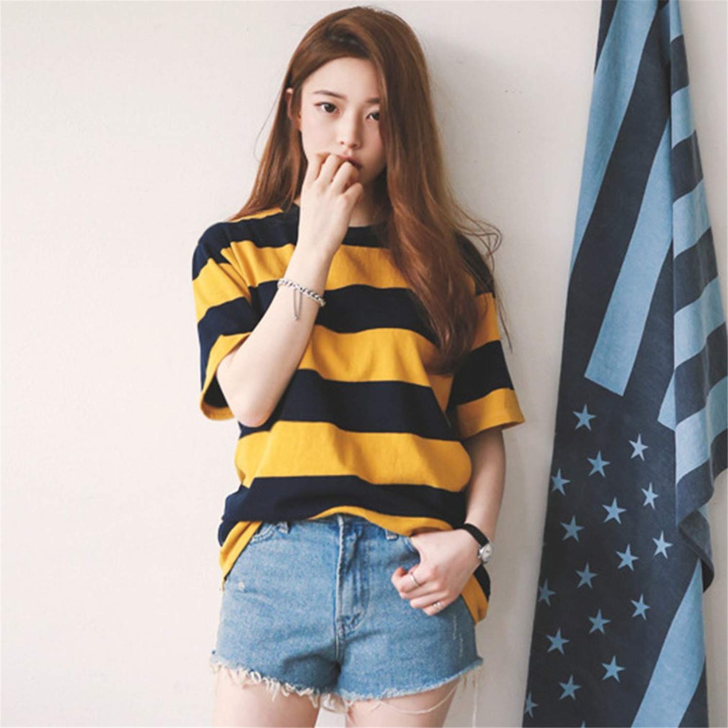 Summer Women T-shirt Fashion Korean Stripe Tee Shirt Short Sleeve Round  Neck Tops All-match Loose Casual Female T-Shirt: Buy Online at Best Price  in UAE 