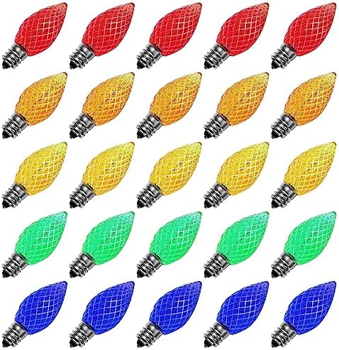 Meconard C7 Led Replacement Christmas Light Bulbs, C7 Shatterproof Led Bulbs for Christmas Indoor Outdoor String Lights, E12 Candelabra Base, Commercial Grade Holiday Bulbs, Multi-Color, 25 Pack