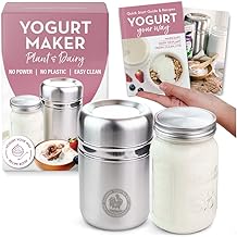 Stainless Steel Yogurt Maker with 1 Quart Glass Jar and Complete Recipe Book to Make 12+ Easy Homemade Dairy Free and Milk...