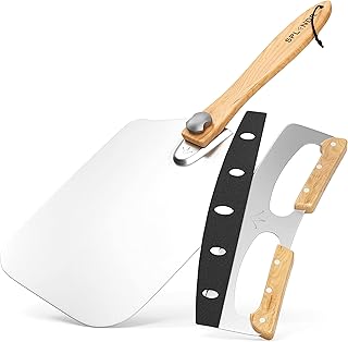 SPLENDR Aluminum Metal Pizza Peel 12 x 14 Inch & Stainless Steel Rocker Cutter Set - Pizza Paddle Spatula for Oven Accesso...