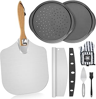 Foldable Pizza Peel Pizza Pan Set, 7Pcs 12" x 14" Aluminum Metal Pizza Paddle with Wooden Handle, Rocker Cutter, Server Se...