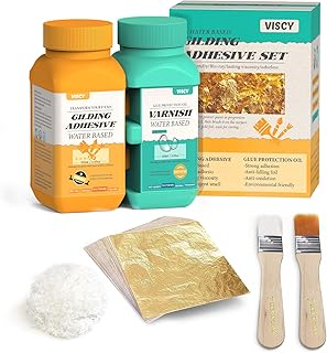 VISCY Gold Leaf Adhesive, Gilding Adhesive Set with 100ml Water Based Metal Leaf Glue and 100ml Varnish, 100 pcs Gold Foi...