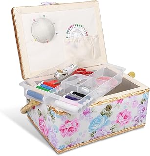 Navaris Sewing Box with Accessories - Sewing Basket with Organiser Tray Compartments 24.5 x 17.5 x 12.5 cm - Includes 76 P...