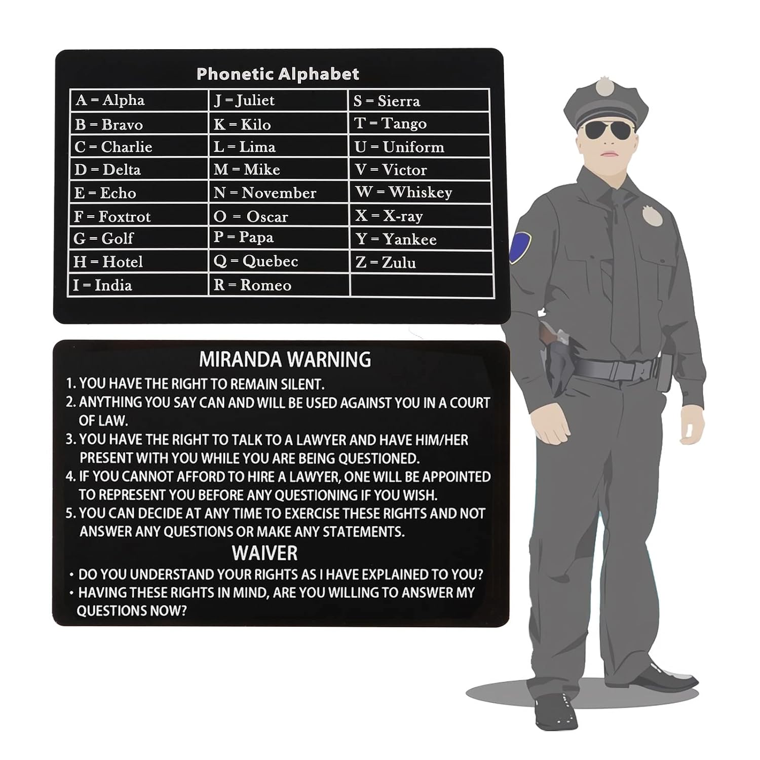 Metal Miranda Warning Card / Phonetic Alphabet Card Military Police ...