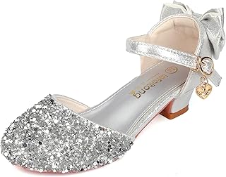 EDOSIR Girls Princess Shoes Bows Party Shoes Sparkle Wedding Dress Little Girls Low Chunky Heel Shoes Strap Buckle