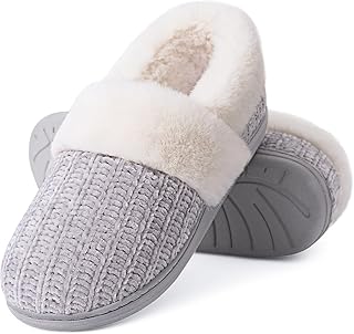 Evshine Women's Fuzzy Memory Foam Closed Back Slippers Chenille Knit Fleece Lined House Shoes