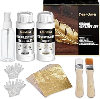 Yeardera Gold Leaf Kit, 100ml Gilding Adhesive and Varnish with 100 Gold Leaf Sheets for Arts, Crafts, Painting, Furnitur...