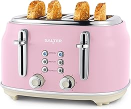 Salter Retro Pink 4-Slice Toaster – Wide Slots, 6 Browning Levels, Defrost, Reheat, Cancel Functions, Removable Crumb Tra...