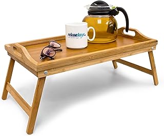 Relaxdays Bamboo Wooden Breakfast in Bed Tray, 50 x 30 x 23 cm Serving Tray With Folding Legs And Handles, Natural Brown