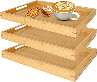 JMIATRY Wooden Tray Set of 3, 14"x10"x1.2" Rectangular Bamboo Tray with Handles, Breakfast Tray Nesting Tray Food Trays fo...