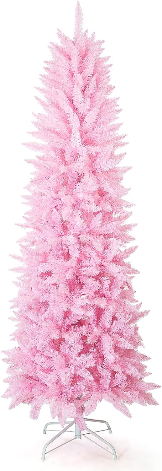 Artificial Christmas Trees, Collapsible Pink Pencil Tree with 800 Tips Metal Stand, Suitable for Home Corner, Apartment, Entryway, 6 FT Pink 6 FT