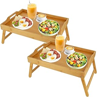 SHUESS 2 Pack Bamboo Bed Tray - 41.5 x 30 x 20.5 cm Breakfast Tray with Folding Legs - Trays for Eating on Lap, Ideal for ...