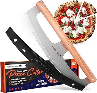 16" Pizza Cutter Rocker Blade - Razor Sharp Stainless Steel Slicer Knife w Wooden Handle & Protective Cover, Silver - Prem...