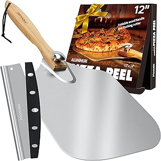 Pizza Peel Aluminum Pizza Spatula, Mooues 12 inch Metal Pizza Paddle(12"x 14")with Rocker Cutter Foldable Wood Handle, [St...