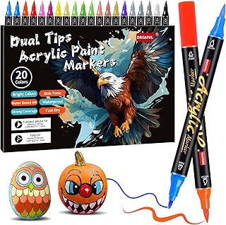 Acrylic Paint Pens Markers,20 Color Paint Markers Dual Fine & Brush Tips For Rock Painting,Fabric,Metal,Glass,Wood,Canvas,...