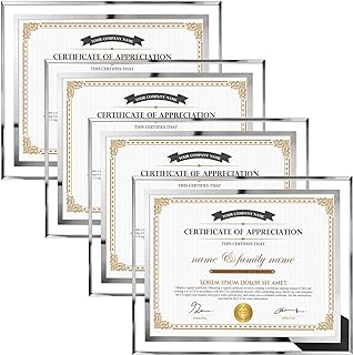 Hoikwo 8.5x11 Picture Frames, 4 Packs Silver Glass Certificate Frames for Document Diploma Award, Only for Tabletop Displa...