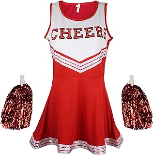 Cheerleader Fancy Dress Outfit Uniform High School Musical Costume with Pom Poms Red Cheerleader, Small