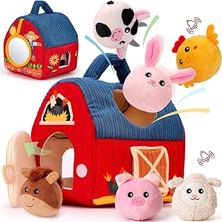 hahaland Baby Toys 6-12 Months - Surprise Barn with Stuffed Farm Animals, Rattle, Crinkle Paper, Mirror - Busy Montessori ...