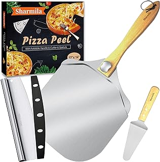 Sharmila Pizza Peel 12 Inch, Aluminum Pizza Paddle with Foldable Wooden Handle,Pizza Rocker Cutter,and Metal Pizza Spatul...