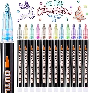 WOGOPRO Outline Marker Pens Glitter Pens, 12 Colours Metallic Double Line Outline Pens for Painting, Gift Card Making, DIY...