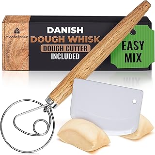 Danish Dough Whisk, Bread Whisk 13" with Dough Cutter - Sourdough Whisk for Baking with Stainless Steel Dough Hook, Bread ...