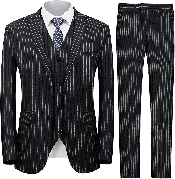 1920s Mens Suits | Gatsby, Gangster, Peaky Blinders MAGE MALE Men’s Pinstripe 3 Piece Suit Slim Fit Elegant Single Breasted Business Wedding Party Blazer Vest& Pants Set  AT vintagedancer.com