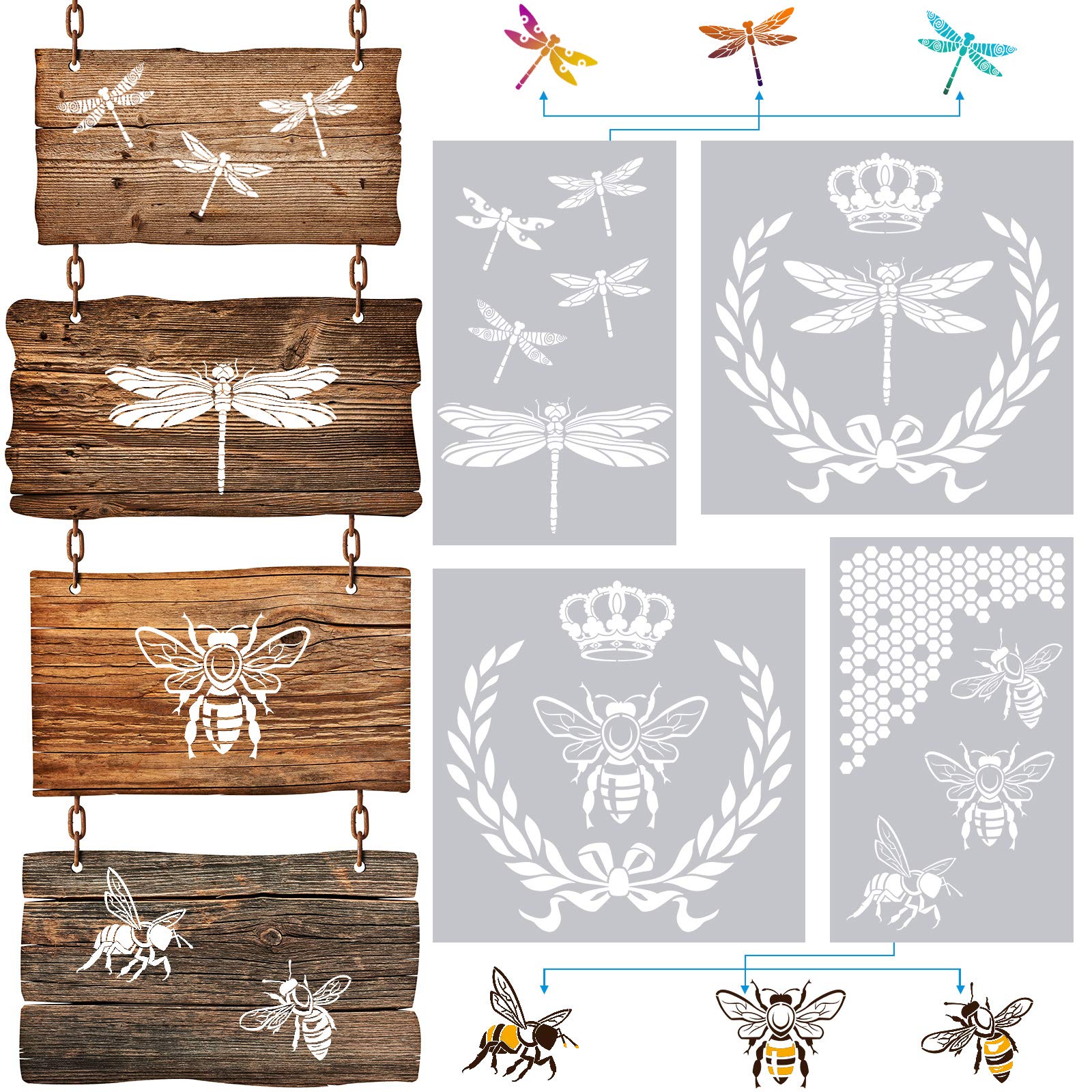 Buy 4 Pieces Dragonfly Stencil French Bee Stencil Honeycomb Stencil ...