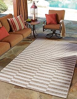 Unique Loom Outdoor Striped Collection Area Rug - Striped (10' x 14' 1" Rectangle Taupe/Ivory)