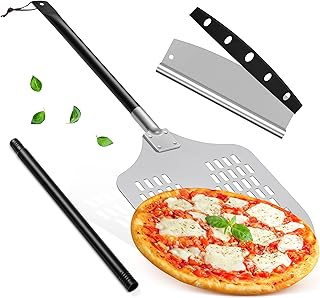 12" Perforated Pizza Peel with Pizza Cutter, Leonyo Aluminum Pizza Turning Peel with Long Adjustable Handle, Lightweight &...