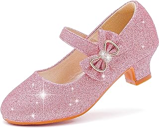 Dufannie Girls Dress Shoes Low Heel Princess Flats Mary Jane Flower Wedding Party Glitter Shoes for Kids Toddler