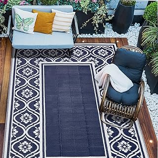 HUGEAR Patio Rug 10'x14' Waterproof Outside Area Rugs Reversible Blue Outdoor Plastic Straw Carpet for RV Deck Camping Ent...