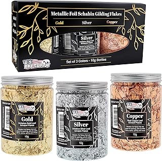 U.S. Art Supply Metallic Foil Schabin Gilding Metal Leaf Flakes 30 Gram Kit - Set of 3 Colors Imitation Gold and Silver, C...