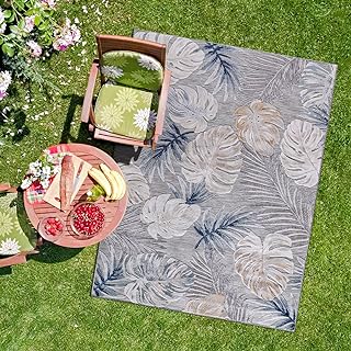 CAMILSON Indoor/Outdoor Rug, Blue 10’x14’ Leaf Tropical Botanical Area Rugs for Indoor and Outdoor patios, Easy-Cleaning N...