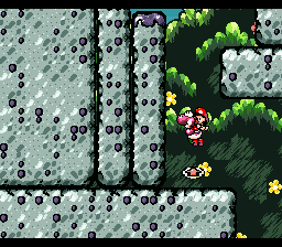 Yoshi jumping from a spring ball in the level Jungle Rhythm... in Super Mario World 2: Yoshi's Island.