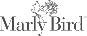 Logo of "Marly Bird" featuring stylized text alongside a graphic of a bird perched on a branch, executed in gray and pink tones. The header design is elegant, emphasizing the brand's unique identity. -Marly Bird