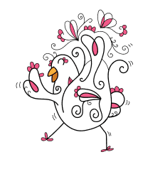 A whimsical illustration of a white chicken adorned with pink flowers and light pink butterflies, featuring flowing tail feathers and a playful pose, all set against a simple white background, perfect for mood-based projects. -Marly Bird