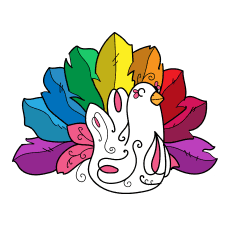 A colorful illustration of a white rabbit with a unicorn horn, nestled among multi-colored leaves arranged like a fan behind it, projects every mood of peacefulness and whimsy. -Marly Bird