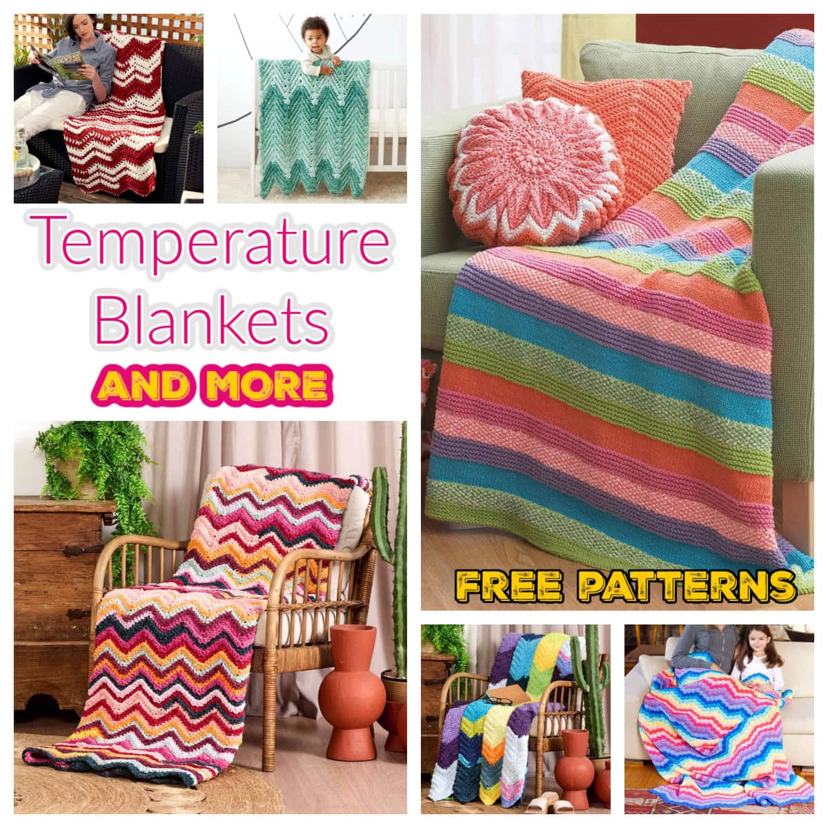 A collage of vibrant knitted blankets in various patterns draped over chairs and sofas showcases the art of temperature blanket patterns. Includes text: "Temperature Blankets and More" and "Free Patterns. -Marly Bird