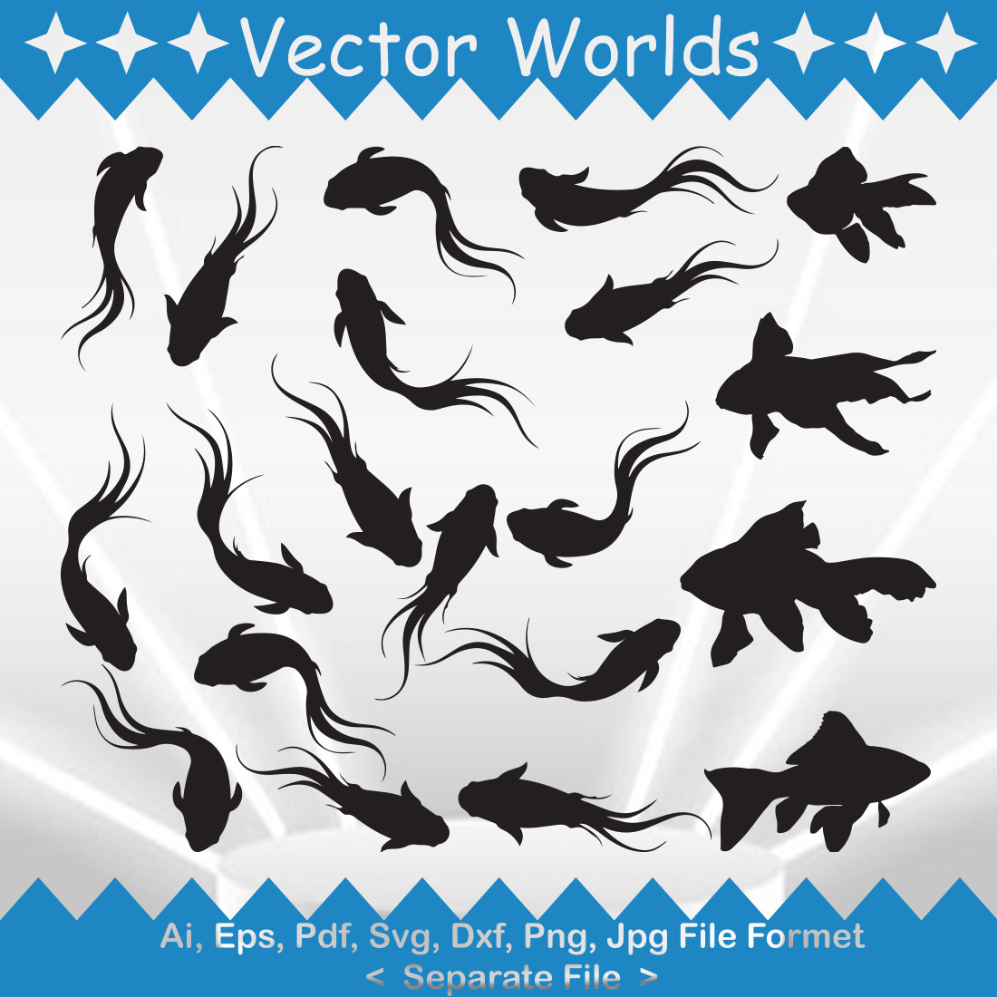 Collection of fish silhouettes on a blue and white background.