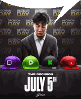 a poster for the decision july 5th shows a man in a suit and three hats