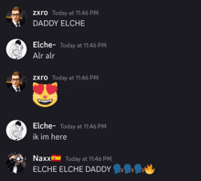 a screenshot of a conversation between zxro daddy elche and elche