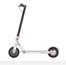 a white electric scooter with a black handlebars and wheels on a white background .