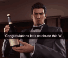 a man in a tuxedo is holding a bottle of wine and the caption congratulations let 's celebrate this w